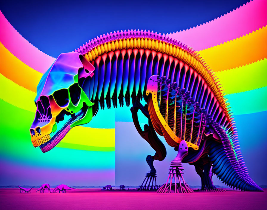 Vibrant rainbow backdrop with neon dinosaur skeleton art