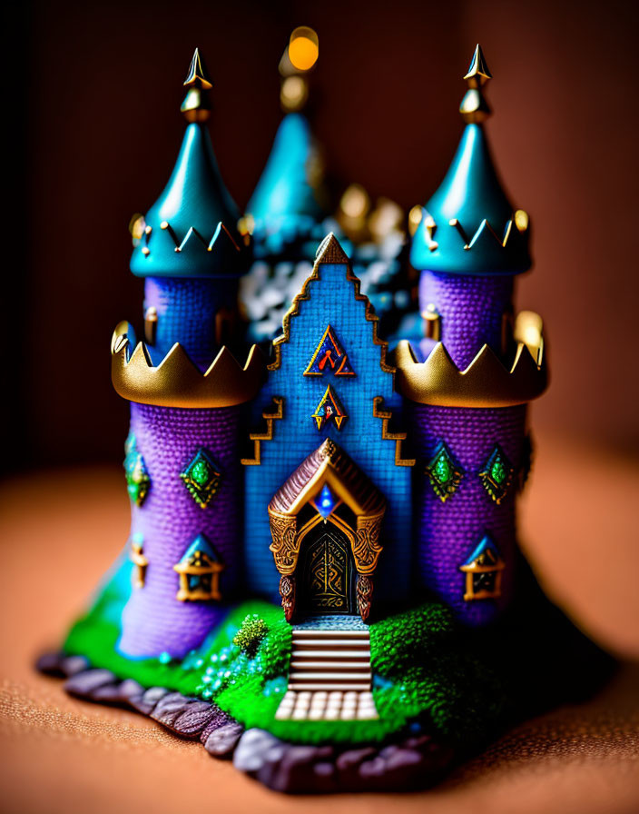 Miniature fantasy castle with blue and purple turrets, golden accents, and ornate door on warm