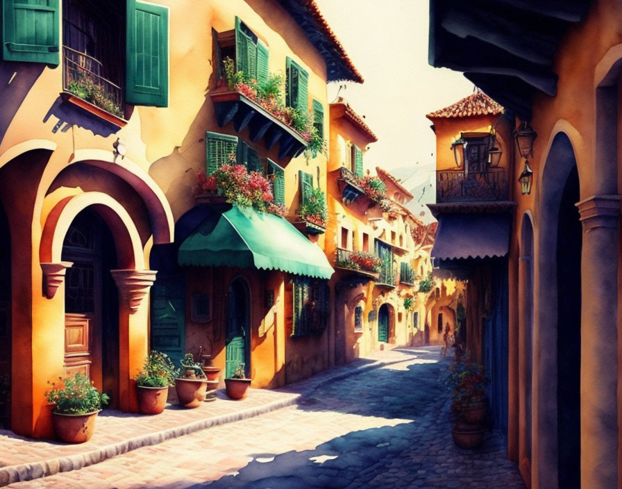 Sunlit Street with Colorful Houses and Plant-Filled Balconies