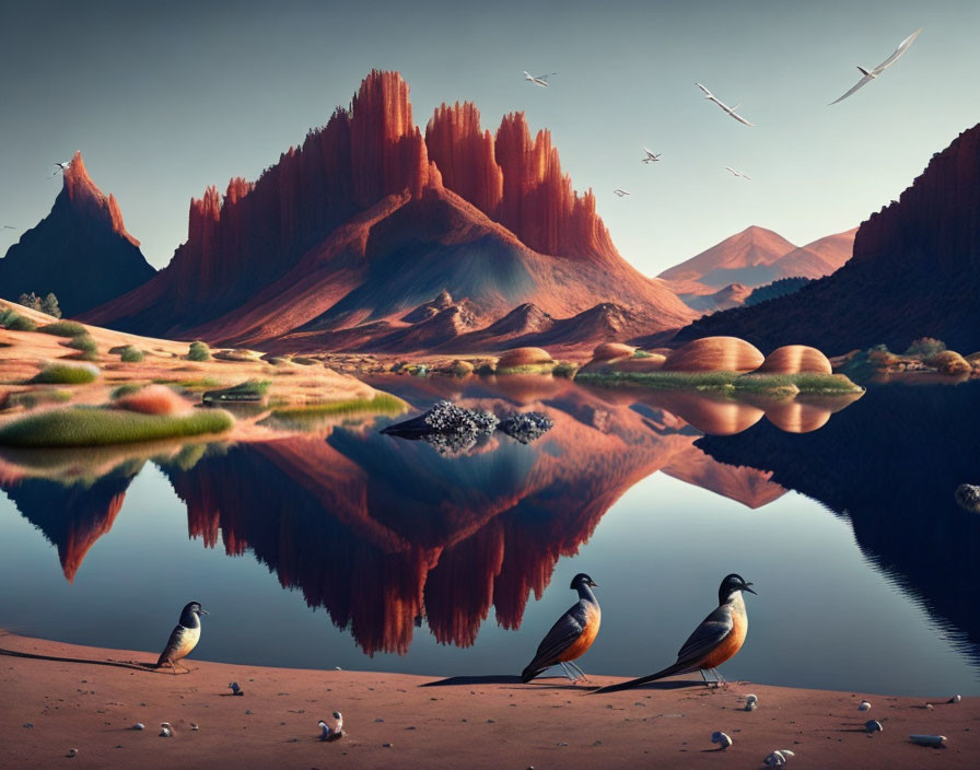 Tranquil landscape with birds, calm waters, green hills, red mountains, and flock in the