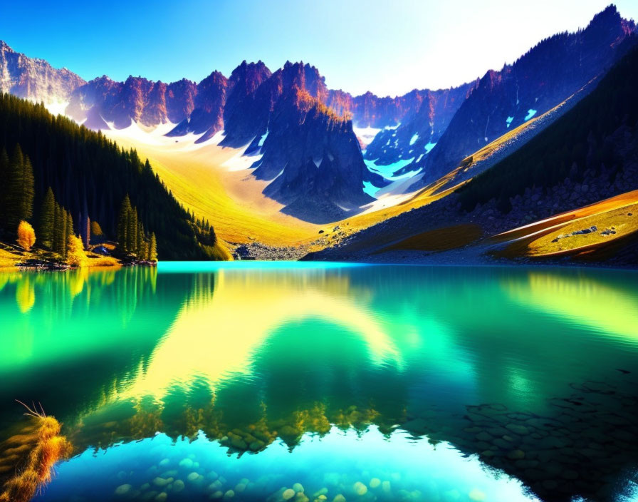 Tranquil turquoise lake, mountain peaks, lush trees, meadows