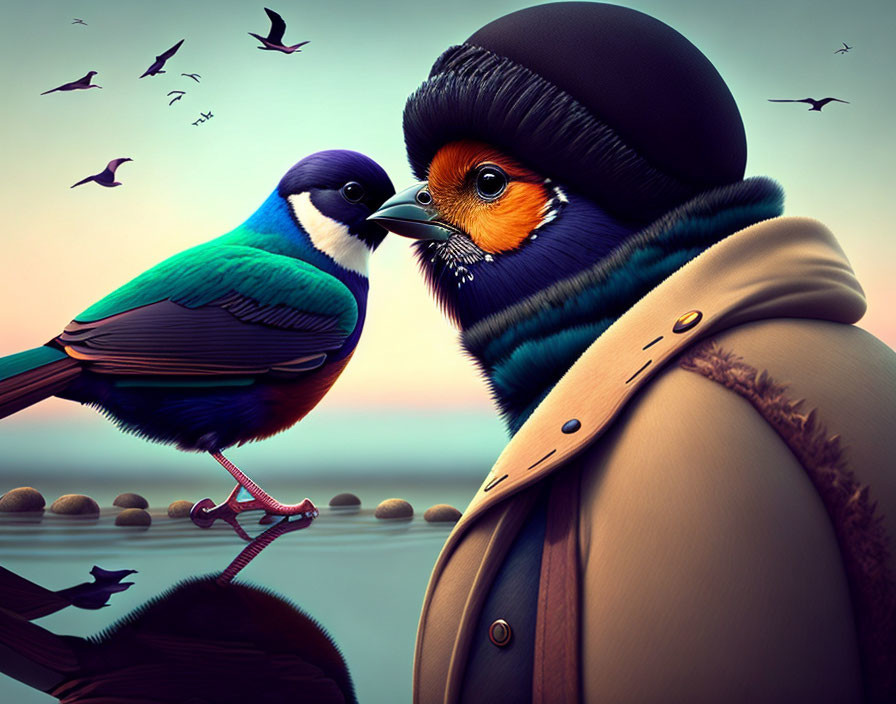 Colorful bird and bird-faced person in winter clothes under twilight sky with flying birds