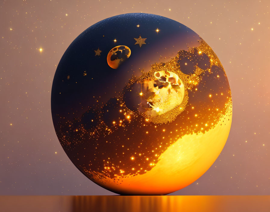 Surreal image: large glossy planet with golden surface and stars on orange backdrop