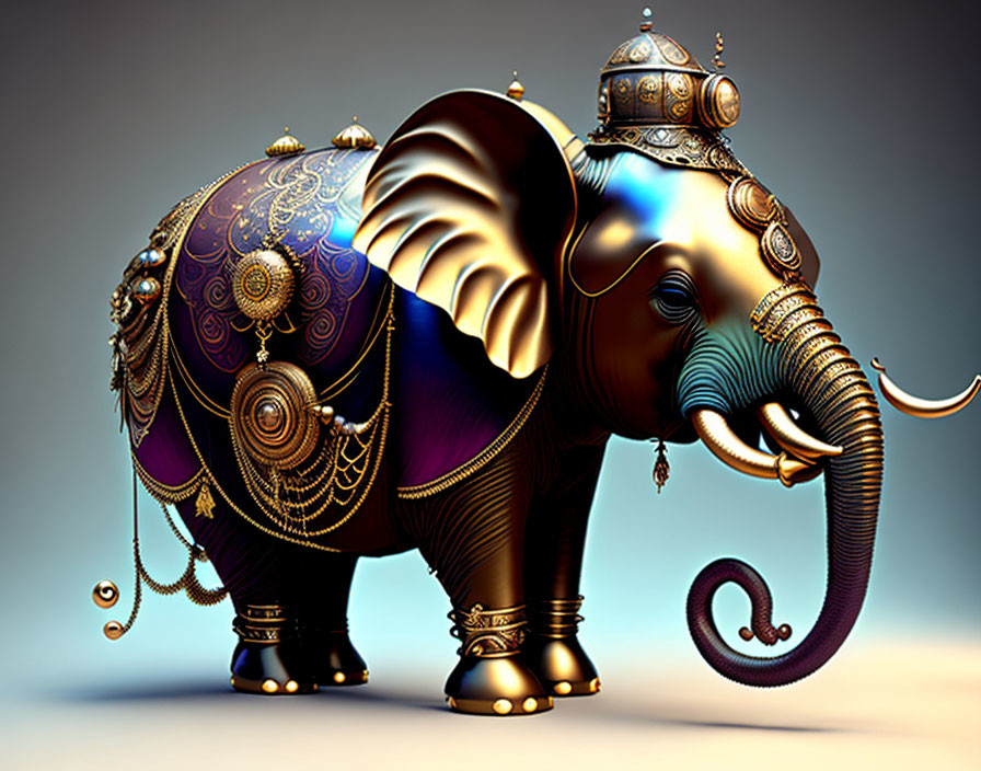 Colorful digital artwork: Richly decorated elephant in golden armor and regalia