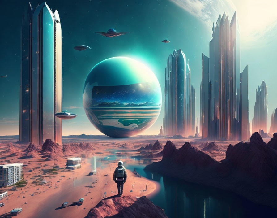 Futuristic cityscape with skyscrapers, hovering sphere, spaceships, and desert river