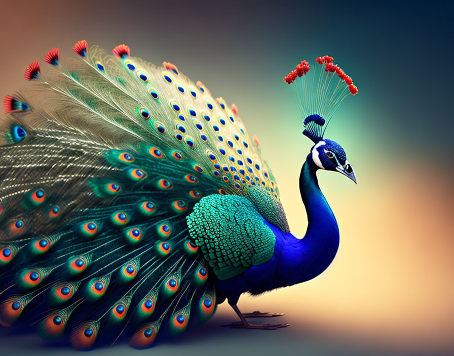 Colorful Peacock with Iridescent Tail Feathers on Gradient Background