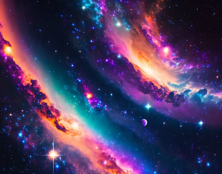 Colorful cosmic scene with swirling nebulas, stars, and distant planet.