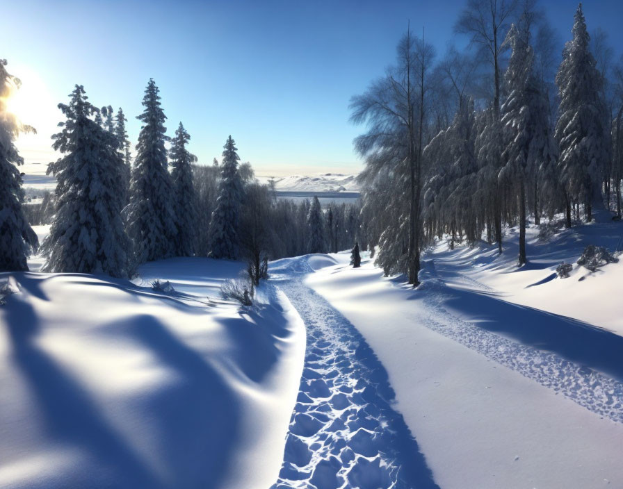 Snow-covered trees in serene winter landscape with clear blue sky and footprints on path.