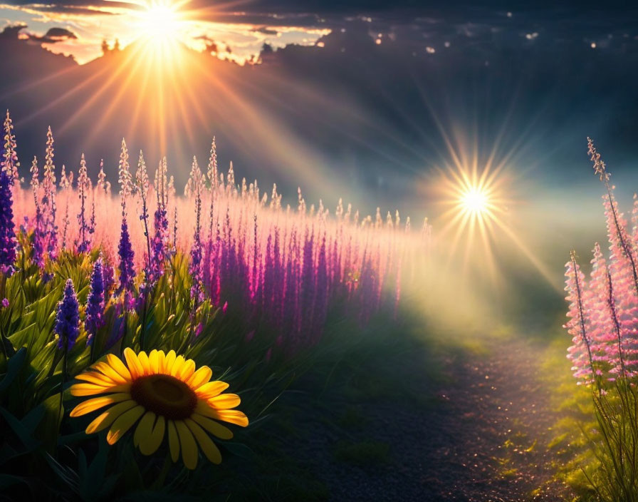 Tranquil path with vibrant purple flowers under radiant sunset