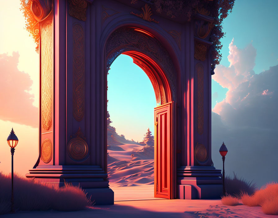 Ornate archway in desert with sand dunes, sunset sky, and streetlamp