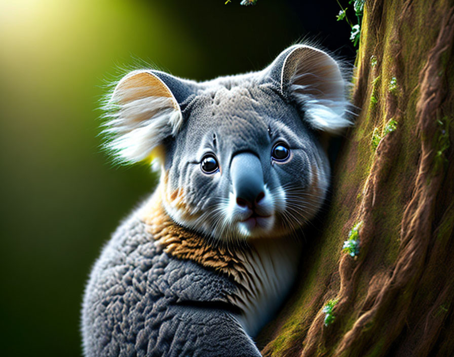 Stylized koala with expressive eyes in sunlit forest