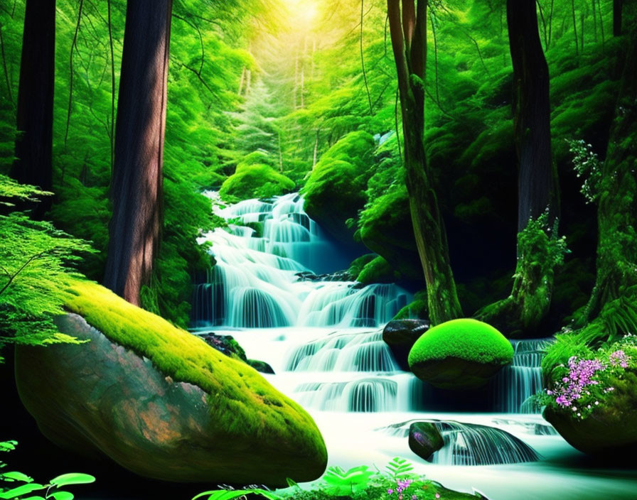 Tranquil Forest Waterfall with Moss-Covered Rocks and Sunlight Rays