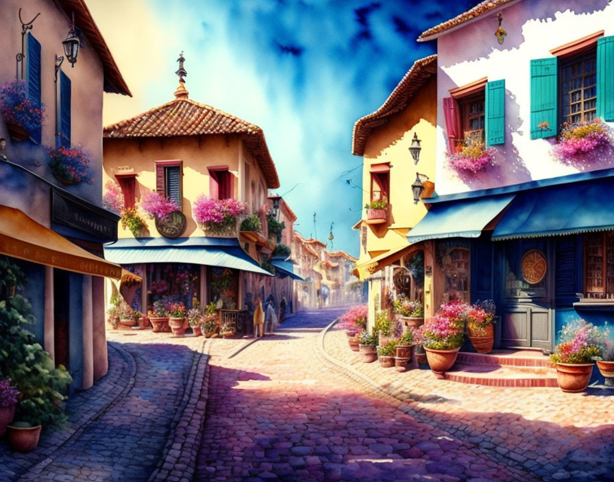 Colorful Idyllic Street with Quaint Houses and Vibrant Flowers