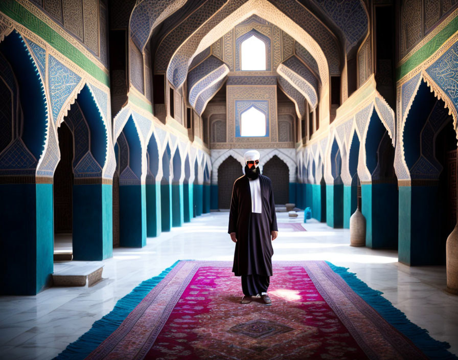 Man in traditional attire inside majestic mosque with blue and gold arches