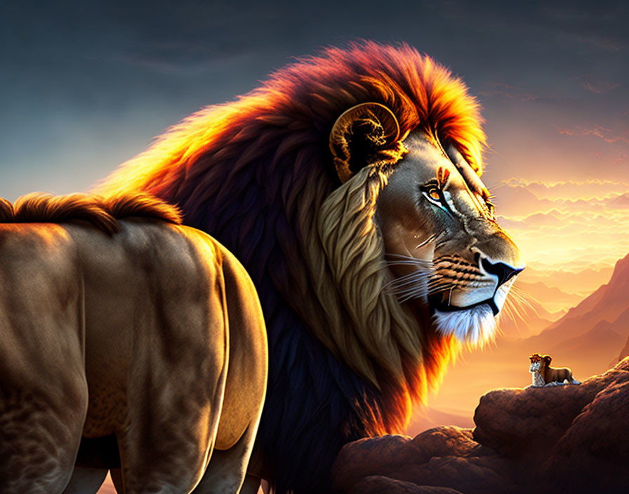 Vibrant lion digital art at sunrise with smaller lion on rock.