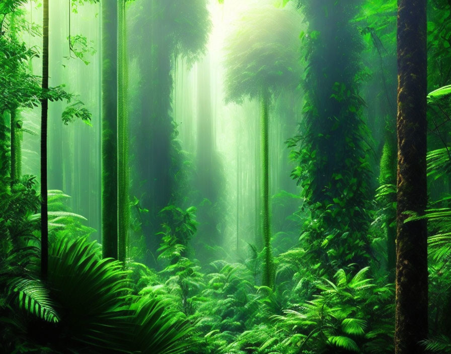 Mystical sunlight filtering through dense green forest