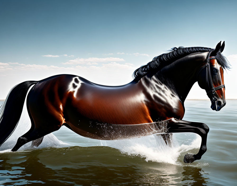 Shiny bay horse with black mane galloping in shallow water