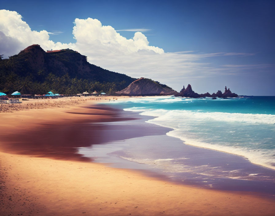 Tranquil Beach Scene with Soft Sands and Blue Umbrellas