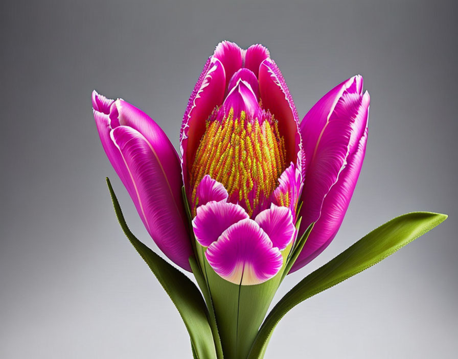 Vibrant pink tulip with yellow center in digital art