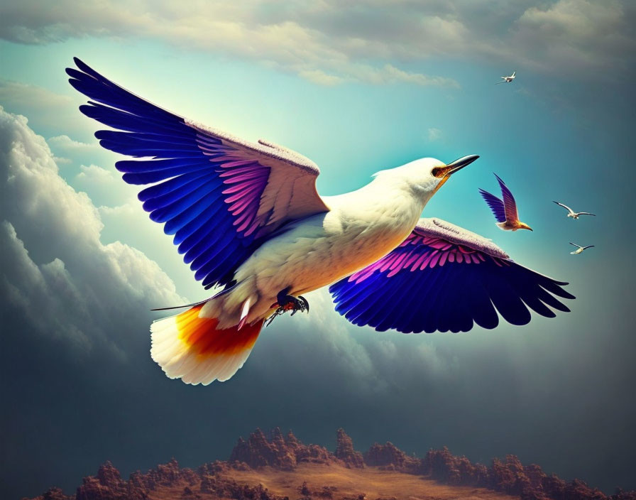 Colorful bird flying in dramatic sky with clouds and distant birds