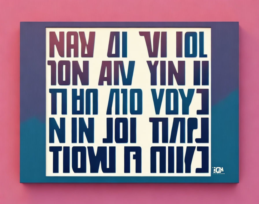 Geometric shapes and text in blue and pink on white frame