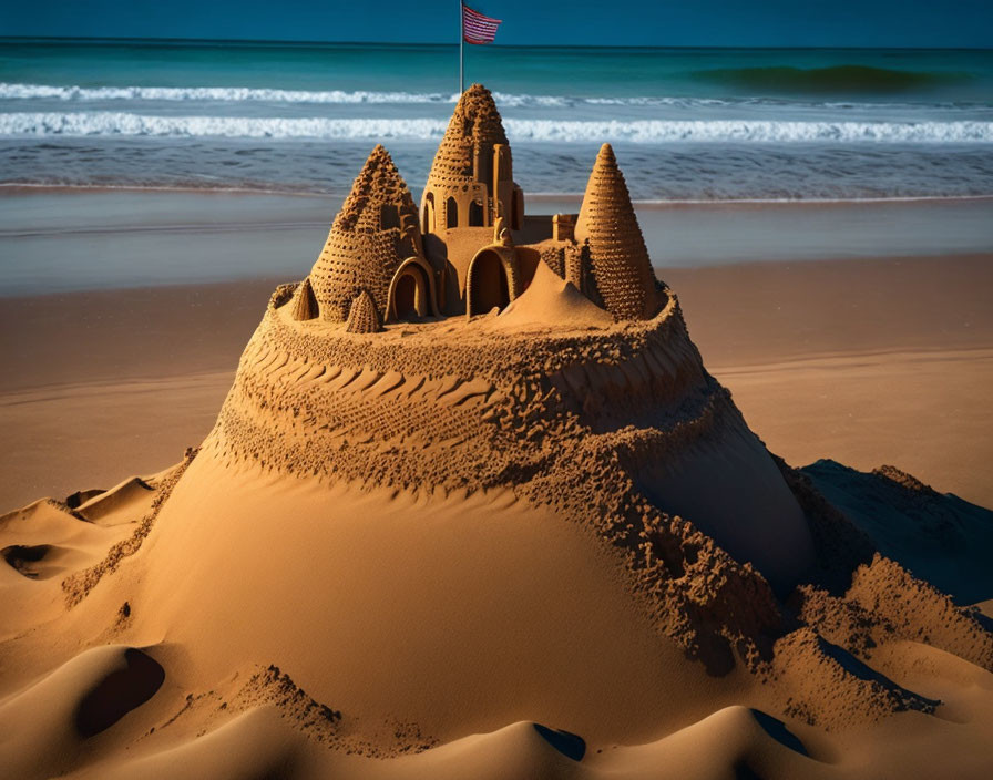 Sandcastle with towers and American flag on beach with ocean waves and blue sky