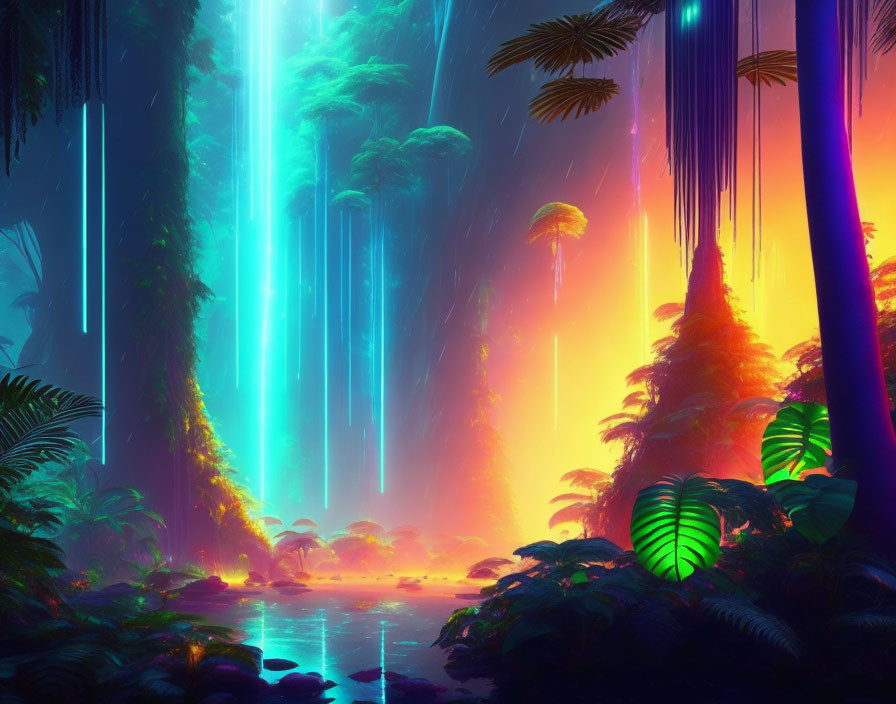 Luminous alien jungle with neon foliage and colorful sky