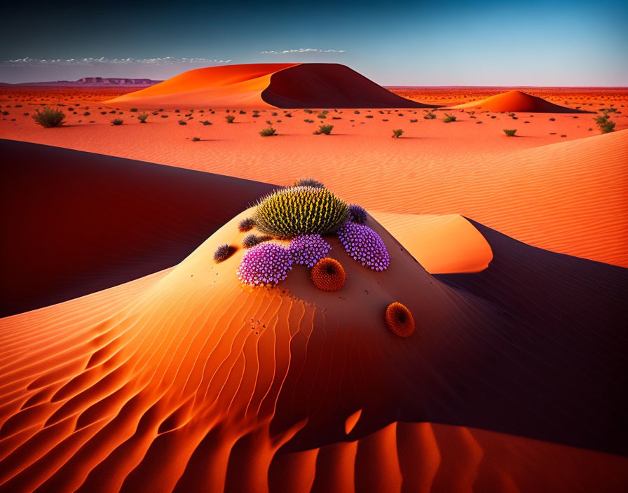 Colorful Desert Landscape: Vibrant Sunset Dunes and Purple Cacti