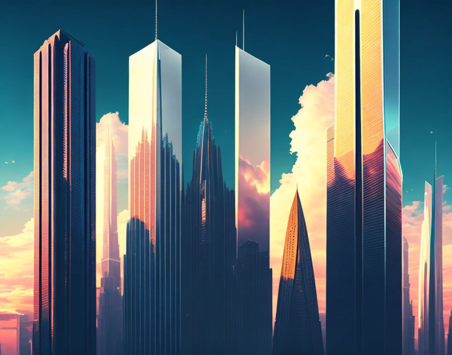 Futuristic cityscape with towering skyscrapers at sunset