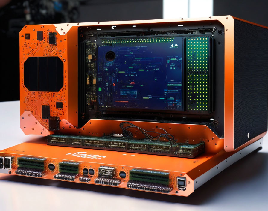 Orange Open Computer Server Chassis with Circuitry and Memory Banks on Workbench