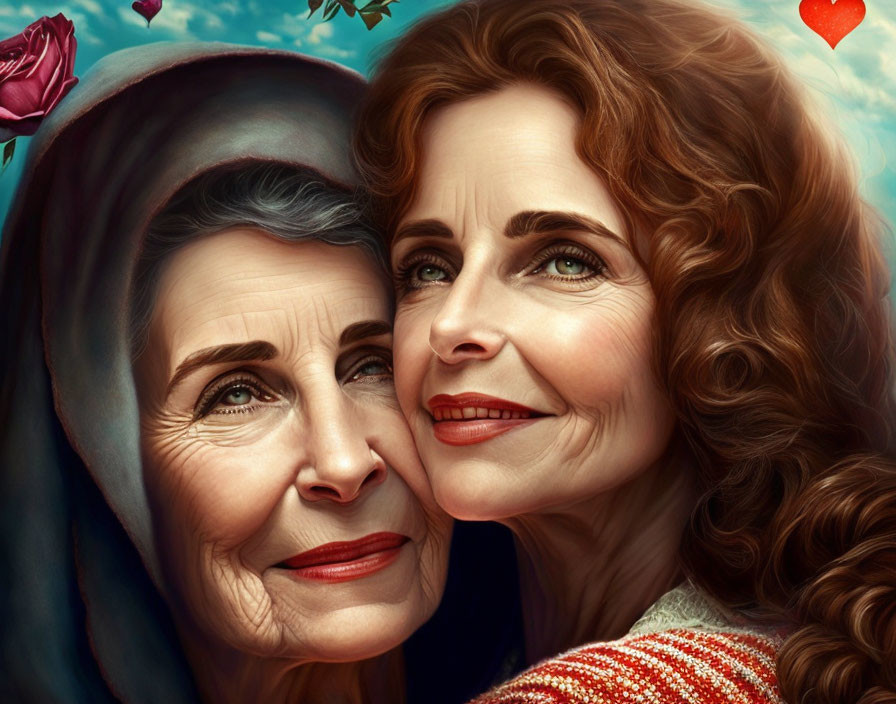 Digital painting: Smiling older and middle-aged women in close pose with floral backdrop.