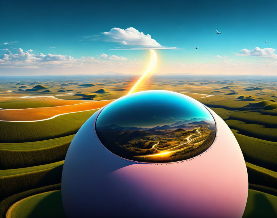 Surreal landscape with spherical portal and fiery beam contrasted with vibrant hills under blue sky