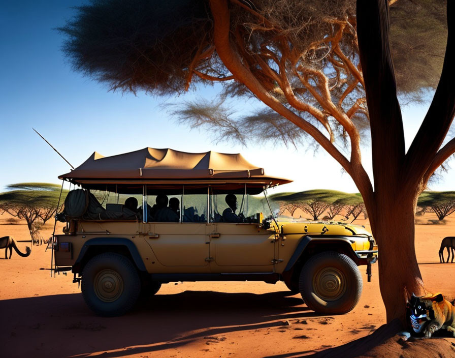 Tourists in safari vehicle with dog wearing sunglasses in desert