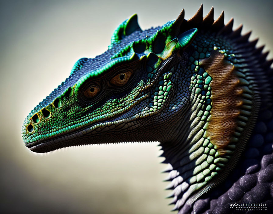 Detailed Close-Up of Green and Blue Dinosaur with Yellow Eyes