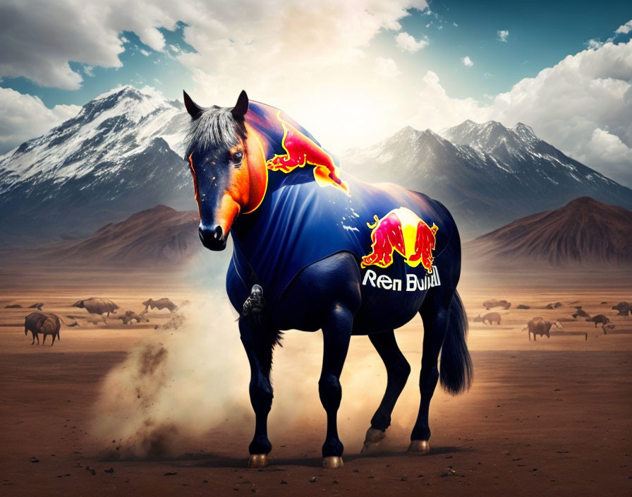 Flaming horse with Red Bull logo in desert landscape