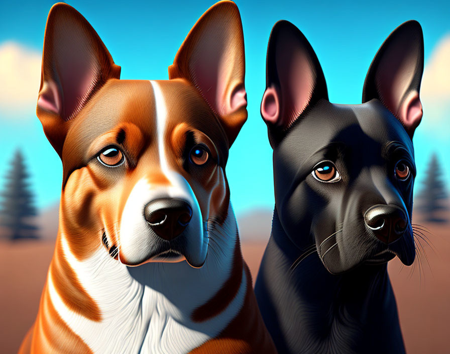 Stylized brown and white & black dogs sitting with trees and blue sky landscape