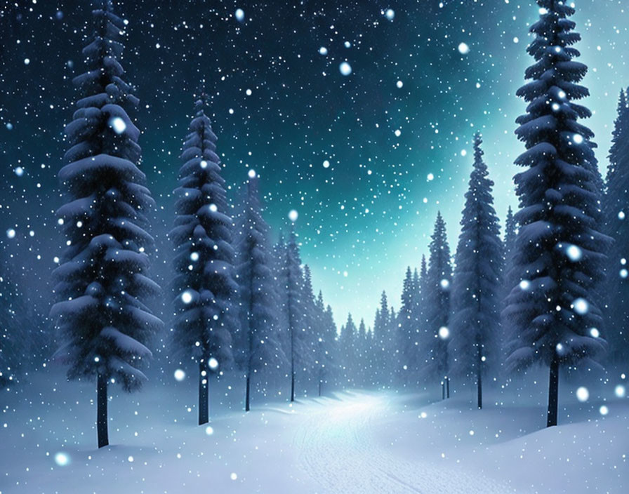 Winter scene: Snow-covered trees under starry night sky