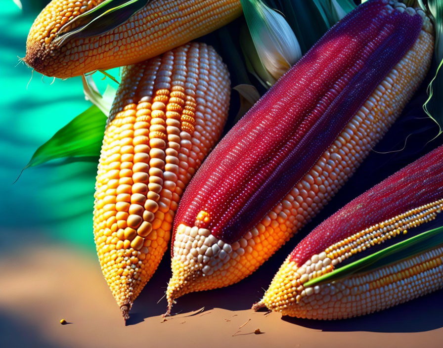 Vibrant multicolored corn cobs with yellow and dark red kernels and husk bits,