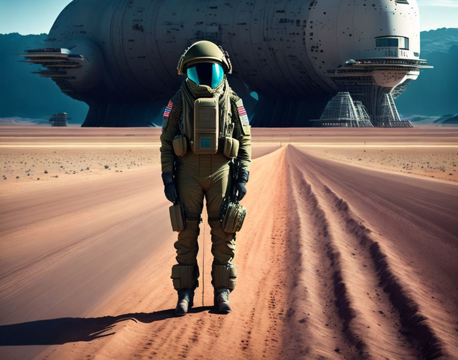 Astronaut on red, dusty terrain with spacecraft and futuristic base in background