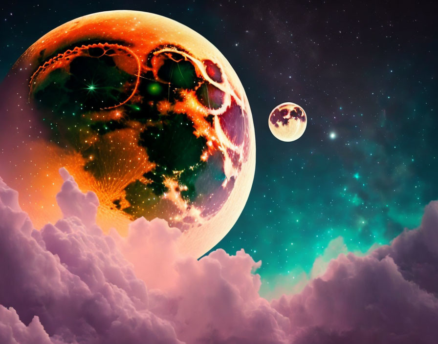 Surreal cosmic scene: large planet, glowing orange fissures, small moon, starry neb