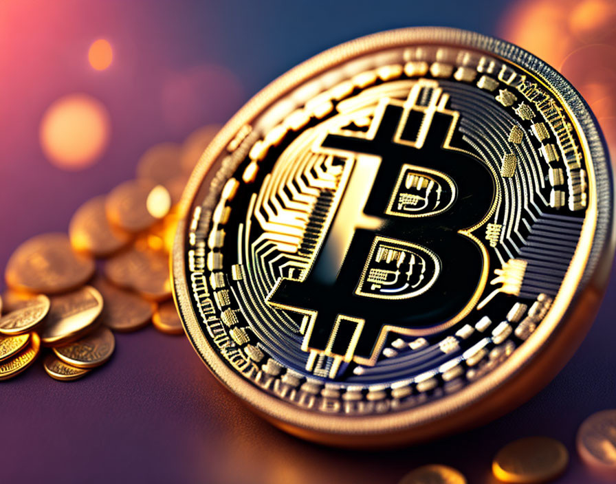 Shiny Bitcoin token among smaller coins with bokeh lights