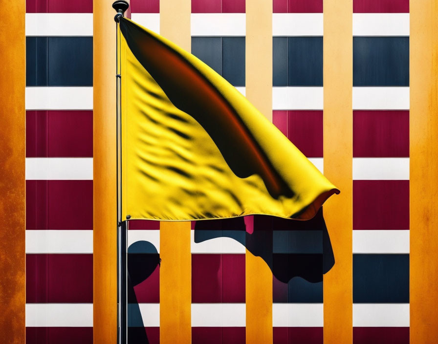 Yellow Flag Fluttering Against Geometric Background with Vertical Stripes