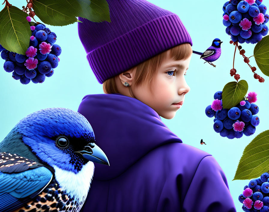 Child in purple beanie with blue bird and vibrant berries in background