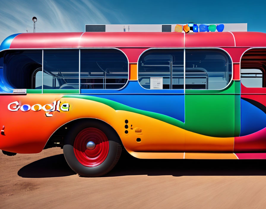 Colorful bus with Google logo and red wheels under clear blue sky