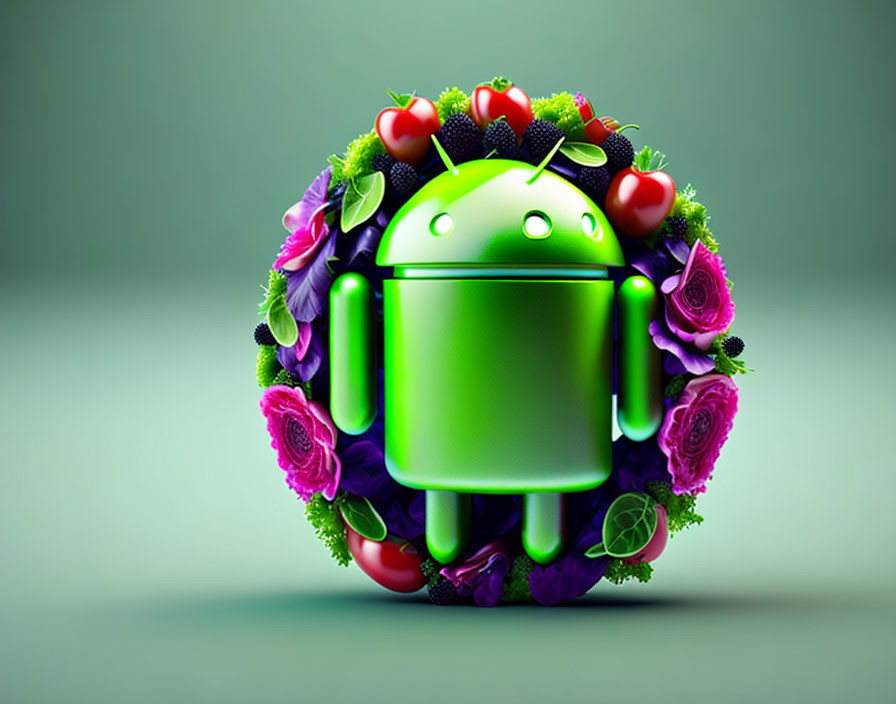 Vibrant 3D illustration: Android logo with floral wreath on green backdrop