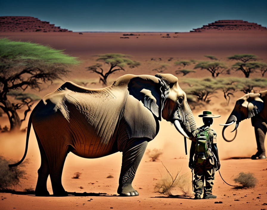 Safari Outfit Person with Elephants in Desert