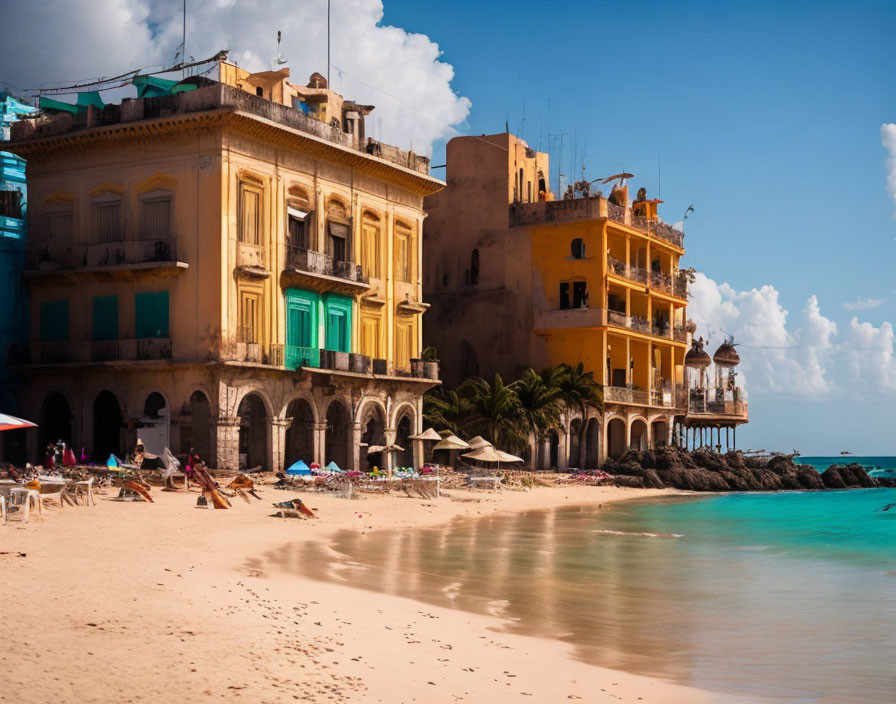 Vibrant beachfront scene with colorful buildings and sunbathers