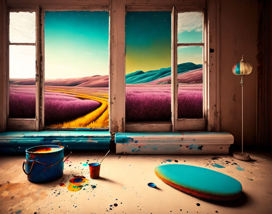 Vintage room with window view to surreal landscape and paint splatters