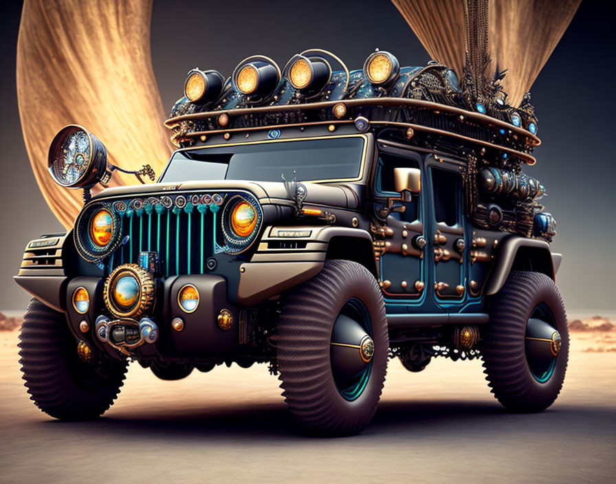 Customized futuristic jeep with oversized wheels and extra lights in desert with large moon