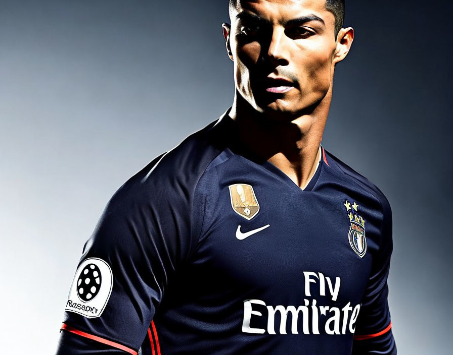 Man in Dark Sports Jersey Poses Against Gradient Background